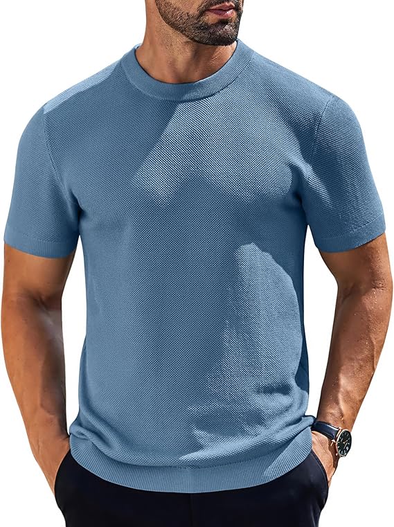 COOFANDY - Knit Short Sleeve Crewneck Shirt Casual Textured Pullover Tees